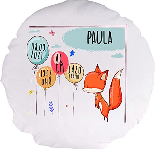 Kleckerliese Baby Kinder Kissen Personalisiert Kissenhülle Tiere Fuchs Balon Wolken Name Geburt Datum Uhrzeit Gewicht, 40 cm Farbe Weiß