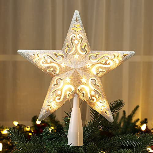 Brizled Star Christmas Tree Topper, 8 Glittered Hollow-Out Tree top Star, Double-Sided 3D Tree Topper with 10 Lights, UL Certified Lighted Xmas Tree Topper for Holiday Christmas Tree Decor, Silver