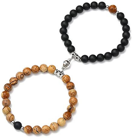 LCDIUDIU Perlenarmband Damen,2 Stück Paar Magnet Armband Naturstein Bild Jaspis Kristall Armband Stretch Perlen Angst Armband Yoga Energie Edelsteine ​​Perlen Armreif Schmuck Für Männer Frauen Ges