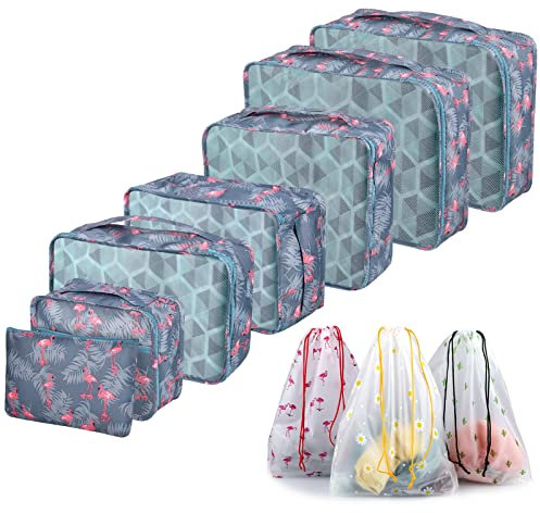 Sciphylia Koffer Organizer 10 Stück Reise Kleidertaschen Packing Cubes Kofferorganizer Packwürfel Set für Reise Packtaschen Kleidung Verpackungswürfel mit Kosmetiktasche Schuhbeutel, Blauer Flamingo