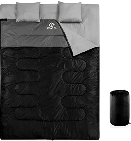 oaskys Sac de Couchage Double pour Adultes avec 2 oreillers – Sac de Couchage imperméable pour Toutes Les Saisons, Camping, randonnée, randonnée pédestre, 2 Personnes pour Temps Froid et Chaud