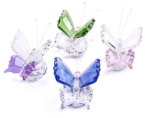 H&D Hyaline&Dora 4 pezzi farfalla di cristallo volante con base a sfera, ornamento in vetro molato statua, collezione di figurine di animali, decorazione da tavolo per casa, matrimonio, ufficio