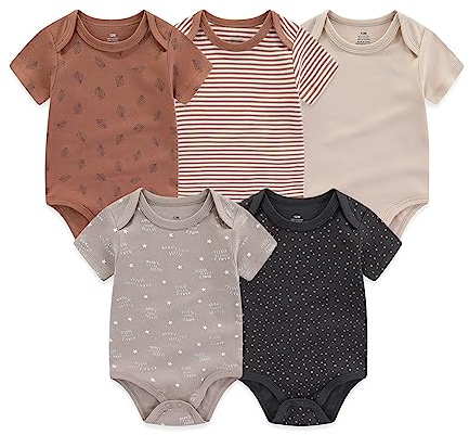 Chamie Baby Grow bomullsväst kortärmad bodysuit nyfödd till 12 månader Babygrow 5-pack, Brun bodysuit, 0-3 månader