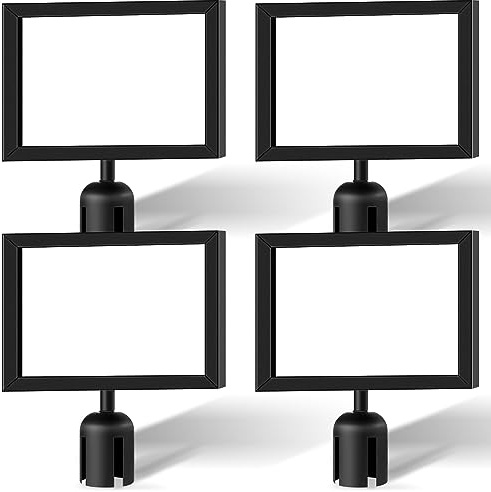 Kigley 4 Pack Stanchion Sign Holder Horizontal Double Sided Frame with Cover Landscape Display for 8.5 x 11 Inch Paper Size Stanchion Post Top Crowd Control Queue Barrier (Black)