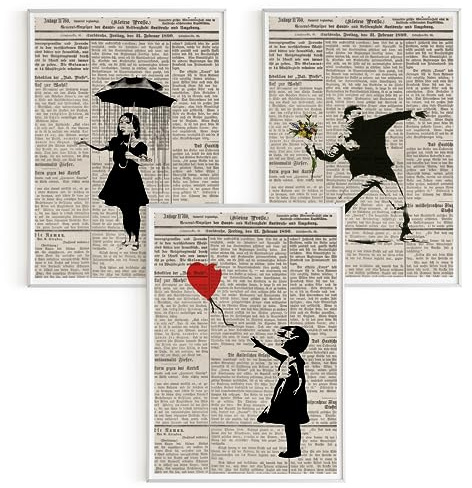 Bilder-Set: 3 x DIN A4 (21x30) Premium Posterpapier - Banksy, Mädchen im Regen; Mädchen mit Luftballon; Blumenwerfer vor Vintage-Zeitungspapier, Kunstdruck ohne Rahmen, Wandbild, Bilderwand - A4, A..