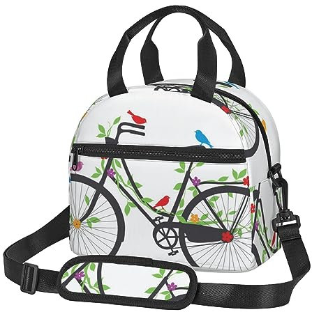 ASEELO Insulated Lunch Bag Birds Flowers on Bikes Lunch Box Picnic Bags Cooler Bag Bento Box Lunch Tote for Women Men