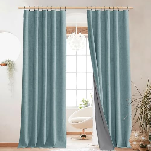 NICETOWN Skylark Blue Living Room Completely Shaded Linen Textured Draperies, 2 Pieces, W52 x L84, Privacy Protection & Noise Reducing Ring Top Drapes, White Lined Insulated Window Treatment Curtains