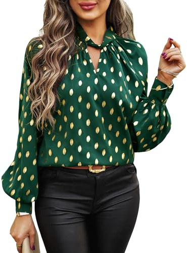 BAISHENGGT Mobius's Sternenhimmel Blusen Tuniken Damen Elegant Chiffon Stehkragen Puffärmel Gold Hot Stamping Dating Party Bluse Oberteile Grün XL