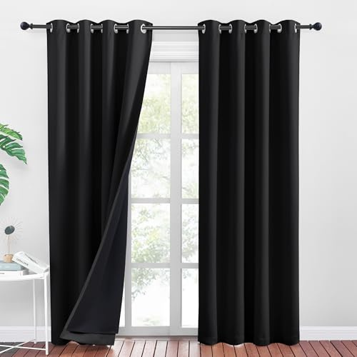 PONY DANCE Verdunklungsvorhänge mit Ösen 2er Set H 200 x B 140 cm Blickdichter Vorhang mit Schwarzem Futter Schlafzimmer Gardinen Lichtundurchlässig Thermal Blackout Curtains, Schwarz