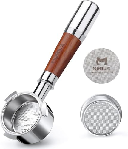 MORILS Bodenloser Siebträger 51mm, Siebträger Kompatibel mit DeLonghi EC680 / EC685 – 51mm Filterhalter aus Edelstahl Mit 1 Tasse Filterkorb Spleißgriff aus Walnussholz und Edelstahl - 3 Ears