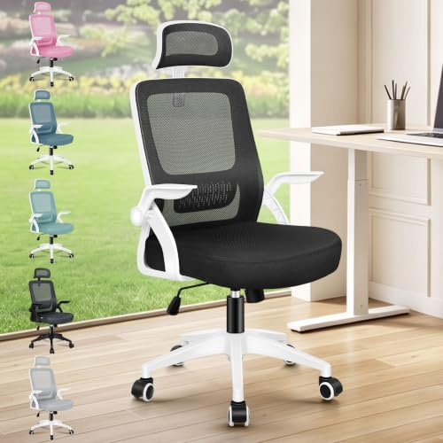ELFORDSON Ergonomic Office Mesh Chair, Desk Chairs with Headrest Lumbar Support, Executive Computer Swivel Chairs with Flip-up Armrests, Comfy Seat, Height Adjustable, Rocking for Home, White & Black