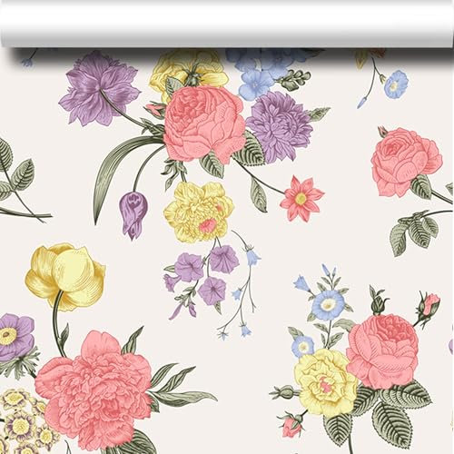 SUKPDJO Papier peint autocollant - 40 x 600 cm - Vintage - Rose rouge - Motif fleurs - Pour armoires de cuisine - En vinyle imperméable - Pour mur, meubles (40 cm x 600 cm)