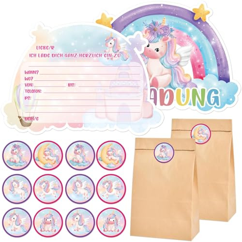 SHOWHEEL 10 Einladungskarten: Einhorn Kindergeburtstag Mädchen mit Mitgebseltüten und Aufklebern