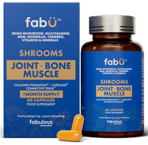 fabÜ Shrooms Joint-Bone-Muscle Joint Support Supplement, 60 Capsules | Glucosamine, MSM, Boswellia, Reishi, Vitamin D3, K2 & Magnesium for Joint Care, Mobility, Bone Strength