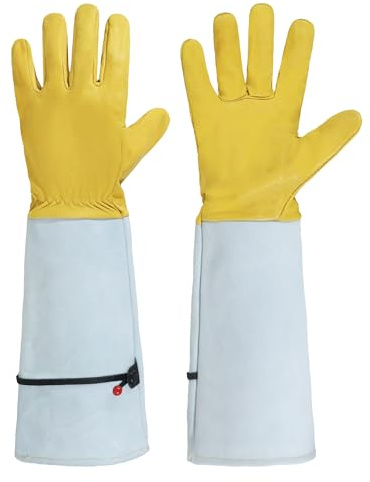 HANDLANDY Rose Schnitthandschuhe für Damen und Herren, langes Ziegenleder, Gartenhandschuhe, atmungsaktiv, Unkrautbesatz, Handschuhe (Gelb-Beige, L)