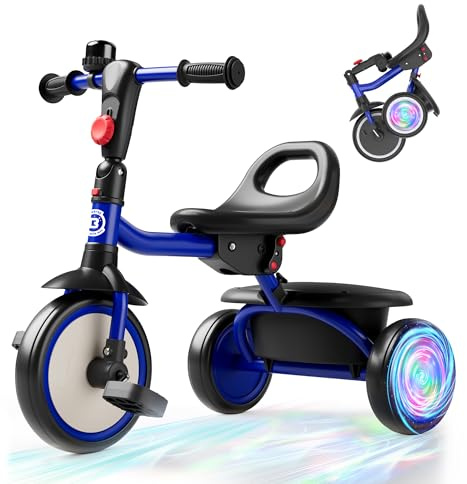 besrey Kinderdreirad mit Blinkrädern für Kinder von 2 Jahre bis 5 Jahren, Kleinkinderdreirad mit Klingel, Kinderdreirad, Geschenk und Spielzeug für Jungen und Mädchen, Blau