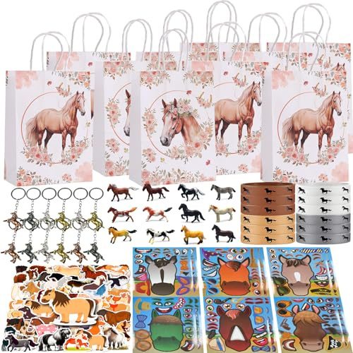 NlsqEU 110 Pcs Pferde Party Mitgebsel, Pferde Geburtstagsdeko, Geschenktüten, Schlüsselanhänger, Silikonarmband, DIY Aufkleber, Aufkleber Geburtstag Pinata