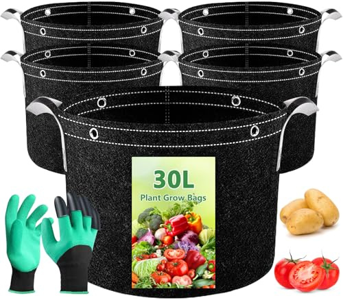 ZPQAODI 5 unidades de 30 l bolsas de plantas, macetas de tela resistentes, bolsas de crecimiento reutilizables, macetas gruesas de tela no tejida con asas y anillos multiusos, bolsa de plantación para