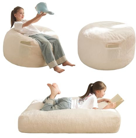 MAXYOYO Sitzsack-Bett – umwandelbar von Sitzsack-Sessel zu Bett – Schaumstoff-Sofa mit zotteligem Bezug und Flauschiger Füllung für Kinder, Jugendliche, Gäste (Beige, 130x90 cm)