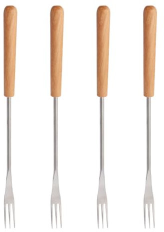 4 Stück Tragbare Fonduegabeln mit Holzgriff und Edelstahl für Dips