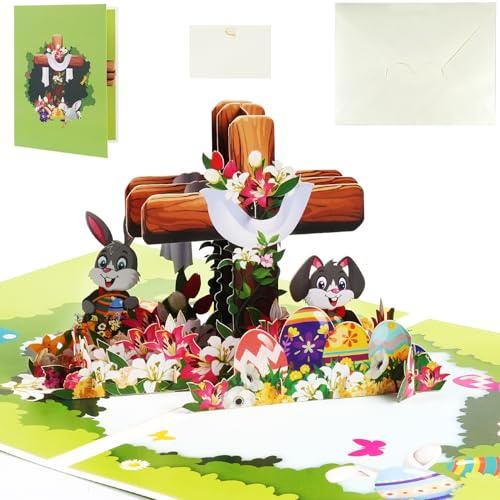 3D-Pop-Up-Osterkarte, Kreuz, Hase, Ei, Blume, Osterkarten, grüne handgefertigte Grußkarten mit Umschlag für Kinder, Freunde, Familie