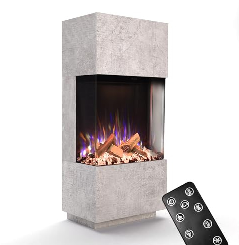GLOW FIRE Kaminofen PR11 mit realistischem 3D E-Motion LED-Feuer - Stand-Elektrokamin mit Heizung und Kaminfeuer, Knistereffekt & Timer, max. 1500 W, 61,5x136x40cm, Beton