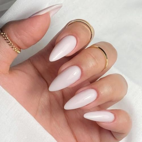 KQueenest Weiß Press On Nails Mittel Mandel - Acryl Nägel zum Aufkleben, Natürlich Einfarbig Fake Nails Fingernägel zum aufkleben, Glänzende Gel Full Cover Kunstnägel für Frauen 24 Stück