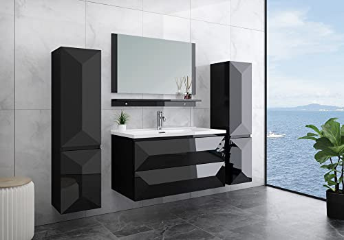 Faizee Möbel Miran Schwarz Badmöbel Set 90 cm – Hochglanz Weiß & Eiche – mit Spiegel, Keramik-Waschbecken, Soft-Close Unterschrank – 6-teiliges Badezimmer Set