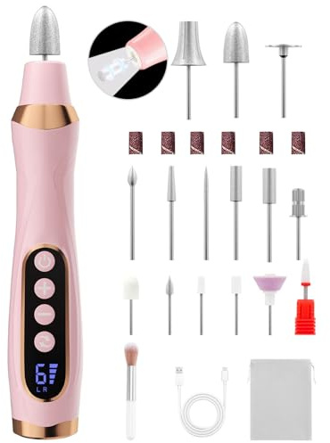 Cordless Nail Drill, Long-Lasting Electric Nail File, Low Noise Electric Nail Drill with 360° LED Light & 6 Speeds, Toenail Grinder for Thick Nail Toenail Cuticle Women Men Baby Pets
