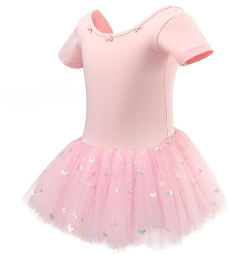 ANTLOOWW Kinder Ballettkleidung Mädchen Ballettkleid Pailletten Baumwolle Ballettanzug Tanzkleid Kurzarm Ballett Trikot Ballett Tütü mit Rock 2-11 Jahre (DE/NL/SE/PL, Numerisch, 110, Regular, rosa)