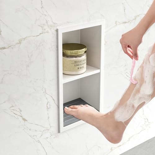 Neohomee Wandnische Dusche Versenkte Fußstütze mit Regal 304 Edelstahl Weiße Nische mit Rutschfest Silikonpads für Badezimmer, 34x18cm