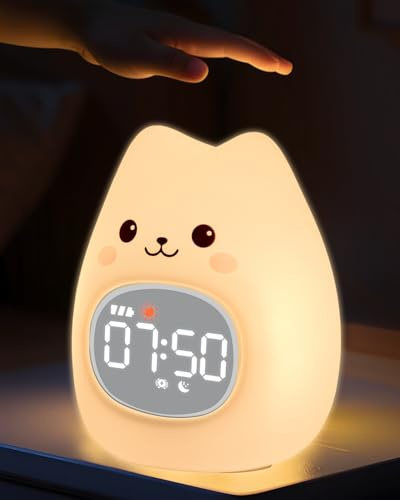 Yiliaw Despertador infantil con luz nocturna, entrenador del sueño y despertador, lámpara de silicona recargable para dormitorio, compañero de sueño perfecto para niños y niñas