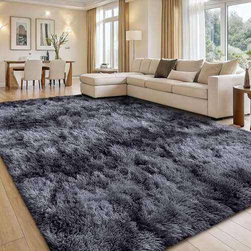 smiry Shaggy Area Rug 120x160cm, Machine Washable Anti-Slip Fluffy Tie Dye Carpet, Soft Thick Floor Rug for Living Room Bedroom Nursery Kids Room, Light Grey