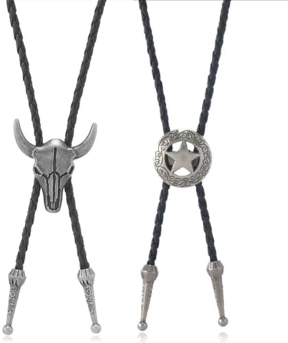 2 Stück Bolo Tie, Cowboy, Cowboy Kostüm Herren, Kuh Schädel Cowboy Weste Herren, Western Outfit Herren, Cowboy Hemd Herren, Cowboy Weste,Cowboy Outfit Herren, Leder Rodeo Anhänger für Damen und Herren