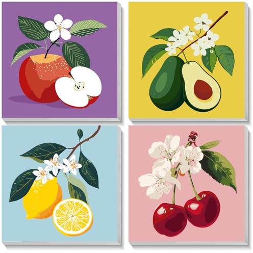 NEWENMO 4 Piezas Pintar por Numeros con Marco,Frutas Pintura por Numeros,DIY Paint by Numbers,Easy Pintura al Óleo Acrílicas,para Decoración del Hogar 20x20cm