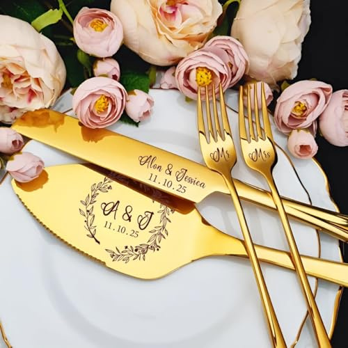 miguha Personalisiertes Tortenschneideset for Hochzeit, personalisiertes Tortenheber-Gabel-Set for Hochzeit, Brautparty for graviertes Tortenschneideset