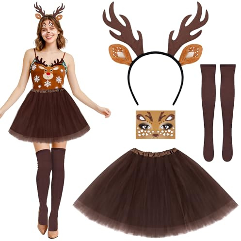 Dreamtop Reh Kostüm Damen für Damen - Faschingskostüm Erwachsene mit Tüllrock Braun Geweih Haarreif Socken Fliege Gesichtstattoo für Karneval Fasching Weihnachten Party
