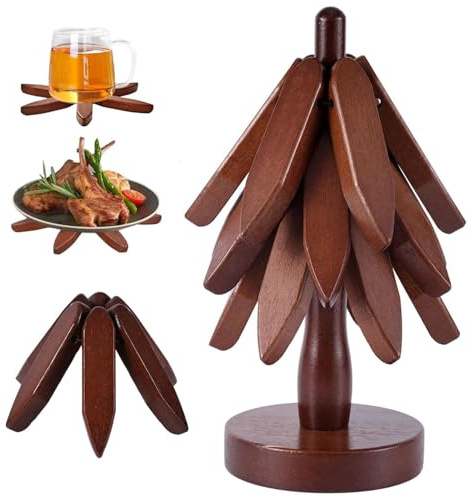 Lot de 3 Dessous de Plat en Bois de Sapelli + 1 Support de Rangement Arbre de Noël - Pour Plats Chauds, Casseroles, Poêles et Théière - Protection de Table et Décoration Rustique