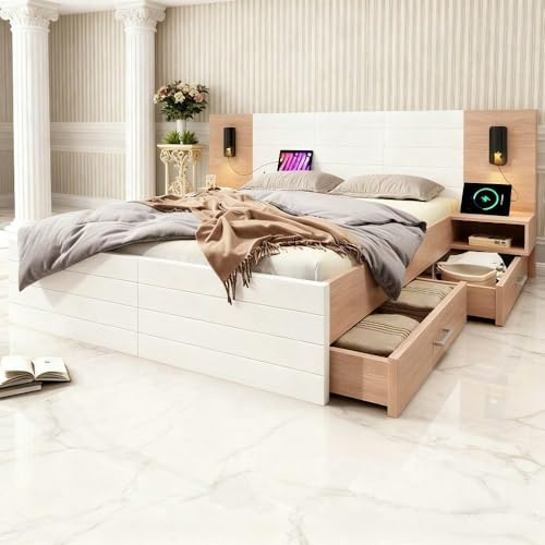 Schlafzimmer-Set 215x80x207 cm mit Doppelbett 140x200 cm, 2 Nachtkommoden und Lattenrost, Holzbett in Eiche/Weiß mit Leselicht-Kopfteil, USB-Funktion und 2 Schubladen