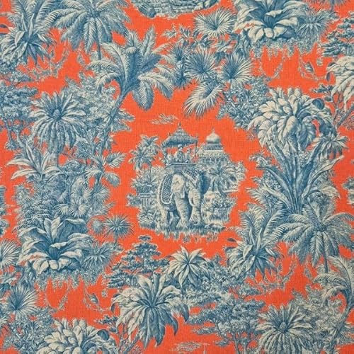 Werthers Stoffe Meterware – Exotischer Dschungel mit Elefant – Maharani Toile-de-Jouy Stil in Orange & Petrol – Stoff für Kleidung, Kissen, Vorhänge, Patchwork & DIY 100% Baumwolle