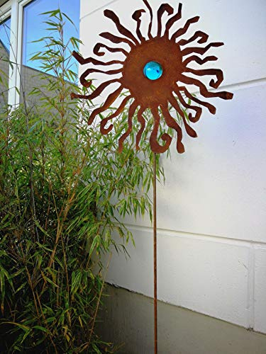 Zen Man Edelrost Gartenstecker GlasKugel Rost aus Metall Gartenfigure Gartendeko Rost GartenGlaskugel Handarbeit Hellblau H 120 * 40 cm 031930-HB