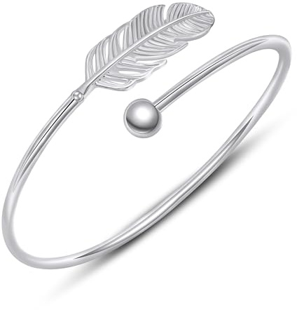 AILUOR 925 Silver Leaf Feather Bangle Bracelet Bohemian style Fashion Charms Bracelets Jewelry Cuff Women Adjustable