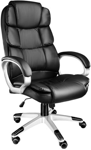 tectake® Chefsessel, Bürostuhl mit 12 cm Polsterung, Schreibtischstuhl mit Armlehnen & Wippfunktion, ergonomischer Bürostuhl, höhenverstellbar, PC Stuhl, Drehstuhl mit Rollen in Lederoptik - schwarz