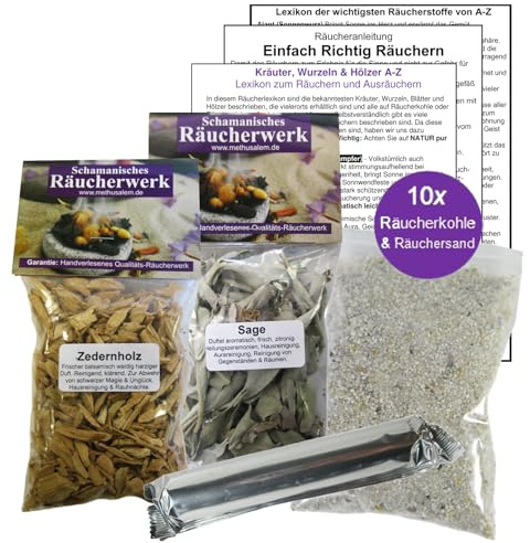 ZEDER Zedernholz Späne & weißer Salbei zum räuchern 2 x 60ml Räucherwerk 6-TLG Räucher-Set mit Räucherwerk für Hausreinigung & Rauhnächte inkl Räucherkohle + ZUBEHÖR. 81890-38