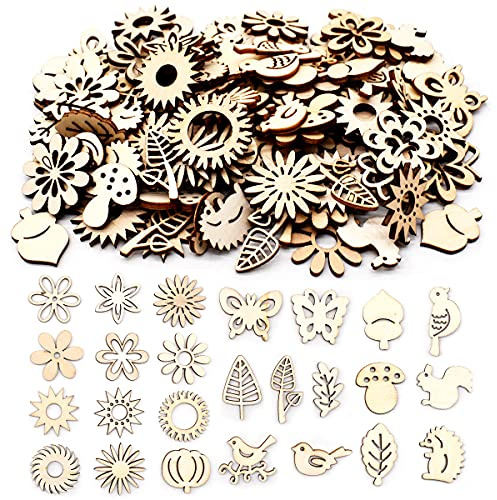 Jicyor Holzblume und Blatt,150 Stück DIY Holz Blumen Scheiben Naturholz Scheiben Streudeko Geeignet für Hochzeitsdekorationen Christbaumschmuck Kunsthandwerk Sammelalben Personalisierte Projekte