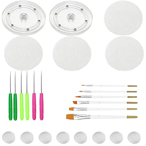 Cookie Decorating Kit Supplies Including 2 Acrylic Cookie Turntable 6 Cookie Scribe Needle 4 Silicone Mesh Mats 6 Cookie Decoration Brushes 8 Rubber Feet Bumpers (Number A)