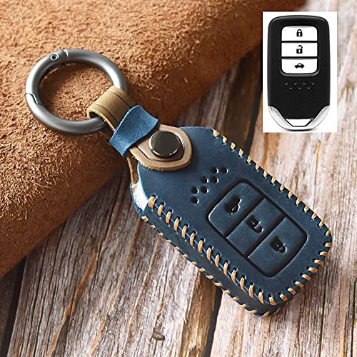 HIBEYO Smart Autoschlüssel Hülle passt für Honda Schutzhülle Fernbedienung Schlüsselhülle Cover für Honda CR-V Jazz Civic HR-V Schlüssel Gehäuse mit Leder Schlüsselanhänger Autozubehör 3-Tasten-Blau