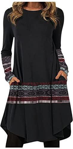 Vestido De Noche para Mujer Manga Larga Cuello Redondo Vintage Estampados Bohemio Estilo Etnica Elegantes Casual Otoño Invierno Vestidos Largo Vestidos Playa Vestidos Camiseros(C Negro,4XL)