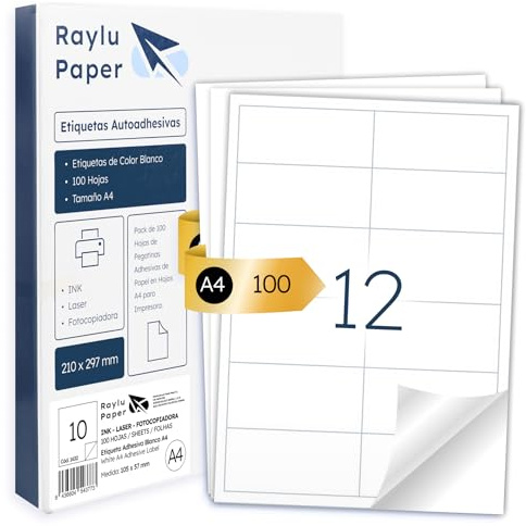 Raylu Paper® - Selbstklebendes A4-Papier Weiß zum Bedrucken | 100 Blatt Haftpapier für Inkjet-, Laser- und Kopierdrucker | Klebeetiketten auf A4-Bögen| Starke Klebkraft 105 x 48 mm