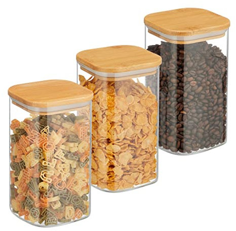Relaxdays Lot de 3 bocaux en Verre, Couvercle en Bambou, carré, Conservation, 1200 ML, hermétique, Transparent/Naturel